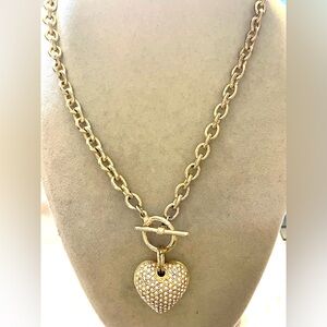 Crystal Rhinestone Heart Pendant on a Toggle Closure Necklace. Gold Tone 18 inch